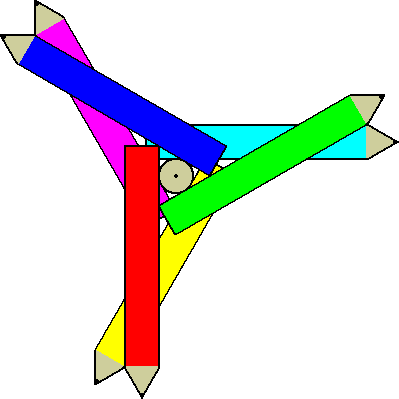 Place the first pencil upright in the middle.  Arrange three
pencils around it so that they touch each other to form a
windmill-like figure, with the points outward.  Place the
remaining three on top of these in another windmill-like figure,
a mirror image of the first, and at such an angle that each
pencil in this layer touches every pencil in the bottom layer.